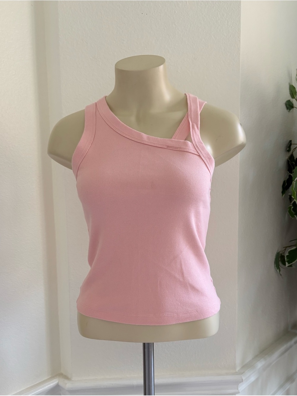 Lorna Jane Pink Asymmetric Strap Ribbed Tank Top